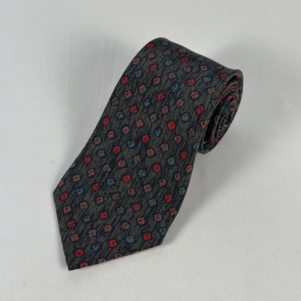 Ted Lapidus Silk Tie Gray Blue Red Diamond Geometric Made In France 3.25" W